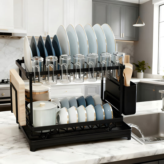 2-Layer Dish Drying Rack Kitchen Countertop Organizer - Dish Drain Rack with Knife Holder, Cup Rack & Cutlery Holder for Bowls, Chopsticks & Utensils, Black Assembled Dish Drainer