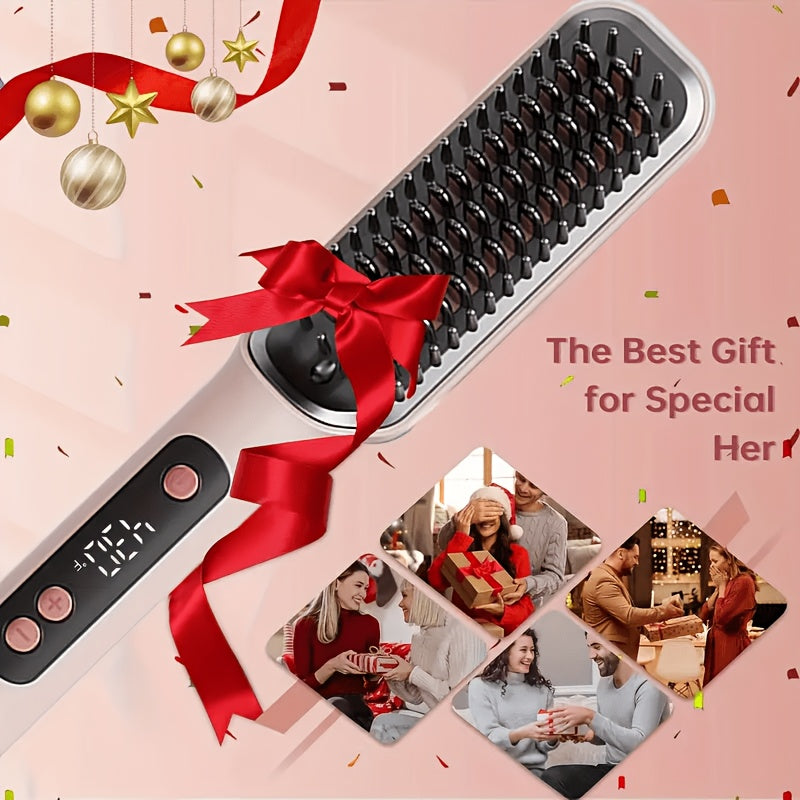 [US Standard]Hair Straightening Brush, 30-60 Seconds Fast Heating & 3 Temperature Adjustable, Wide-spaced Teeth& Smooth Glide Teeth, Tangle-free, Anti-winding, Anti-Damage Styling Tool/Holiday Gift/Birthday Gift The Perfect Mother's Day Gift