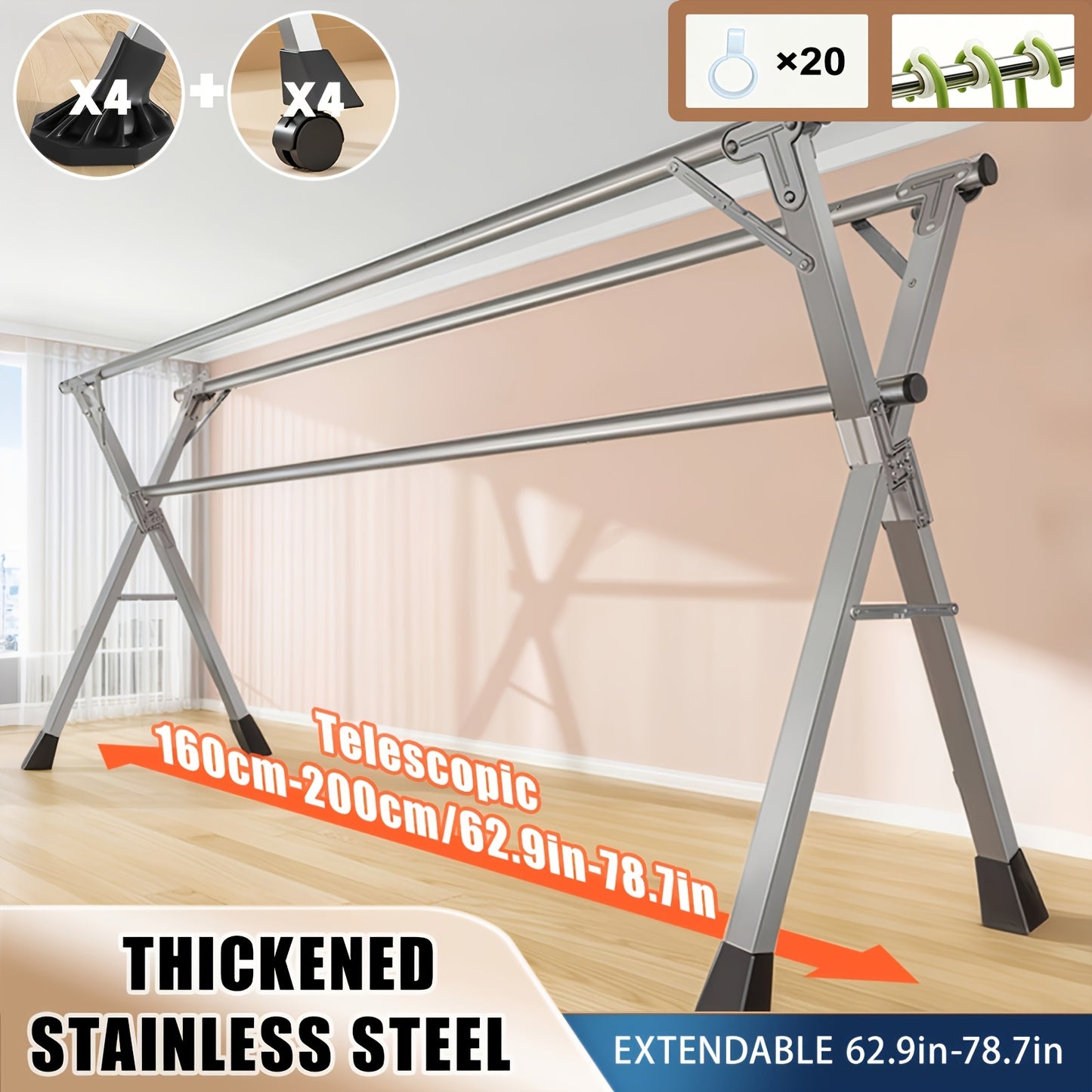 [Foldable Clothes Drying Rack] A Space-saving Foldable Clothes Drying Rack Equipped with an Extendable Rod and Windproof Hooks. Suitable for Both Indoor and Outdoor Use, It Can Be Used to Dry Clothes, Bedding, and S. A High-capacity Metal Drying Rack