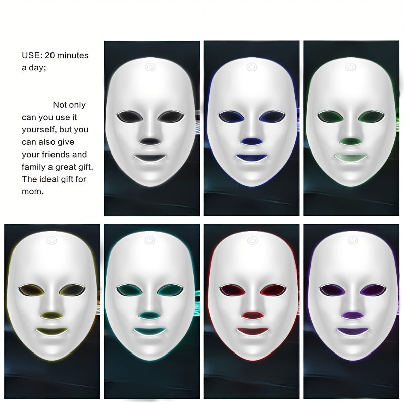 LED Light Therapy Facial Mask Device 7 Color Photon Skin Rejuvenation Face Care Beauty Tool USB Rechargeable Anti-Aging Wrinkle Acne Treatment Home Spa Gift