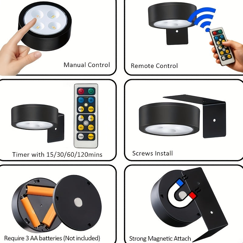 3-Pack Battery Operated Picture Lights, Magnetic Painting Light with 3 Lighting Modes, Remote And Timer Art Display Light for Picture Art Working Frame Portrait, Dimmable Wireless Wall Puck Lights-Black