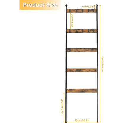 Blanket Ladder, 5 Tier Blanket Holder with 10 Removable Hooks, Farmhouse Style Blanket Ladder for Living Room Bathroom, Decorative Wall Mounted Wooden Quilt Standing Towel Drying Storage Rack, Towel Racks