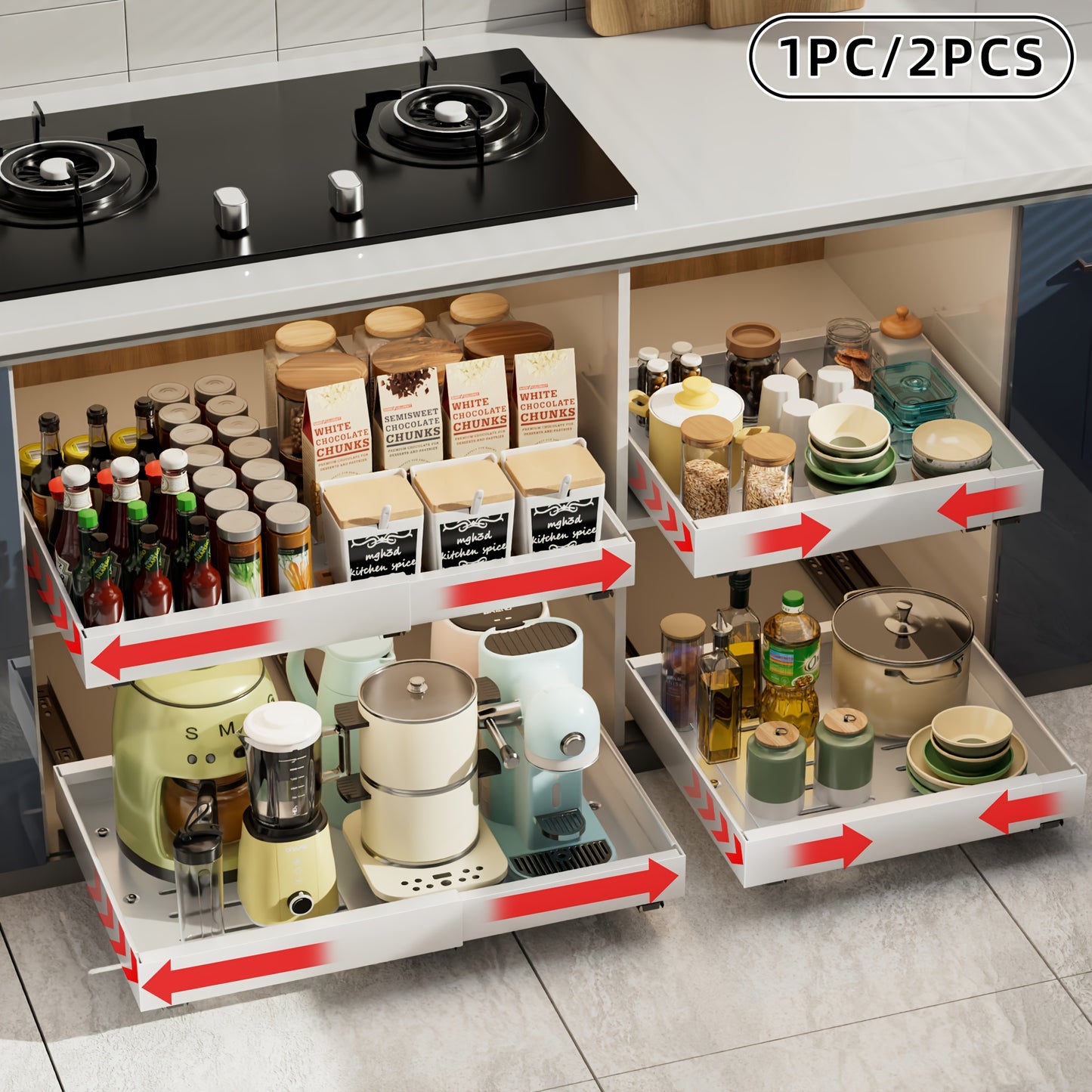 1pc or 2pcs Heavy-Duty Adjustable Pull-Out Cabinet Organizer - Under Sink/Countertop Storage, Expandable Drawer Organizer (12.59-20.47 Inches), Space-Saving Kitchen Organizer for Pots, Pans, Spices, Utensils - Easy Assembly, Powder-Coated Finish - Ideal f