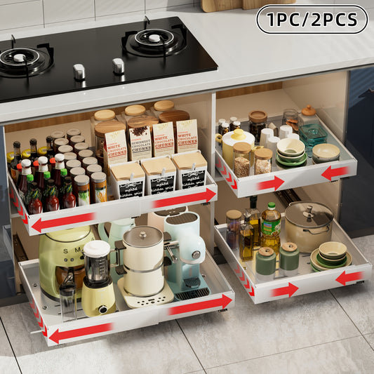 1pc or 2pcs Heavy-Duty Adjustable Pull-Out Cabinet Organizer - Under Sink/Countertop Storage, Expandable Drawer Organizer (12.59-20.47 Inches), Space-Saving Kitchen Organizer for Pots, Pans, Spices, Utensils - Easy Assembly, Powder-Coated Finish - Ideal f