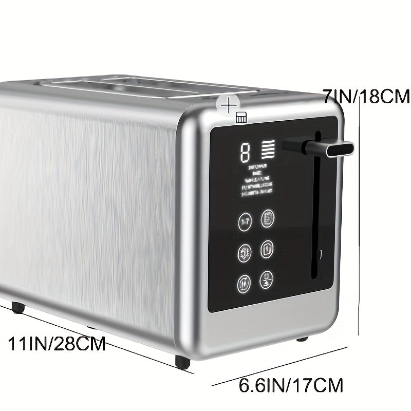 Stainless Steel Toaster 2-Slice Smart Touch Screen – 5 Bread Selections, 7 Shade Settings, Bagel/Defrost/Cancel/Reheat, 1.5" Wide Slot, Removable Crumb Tray