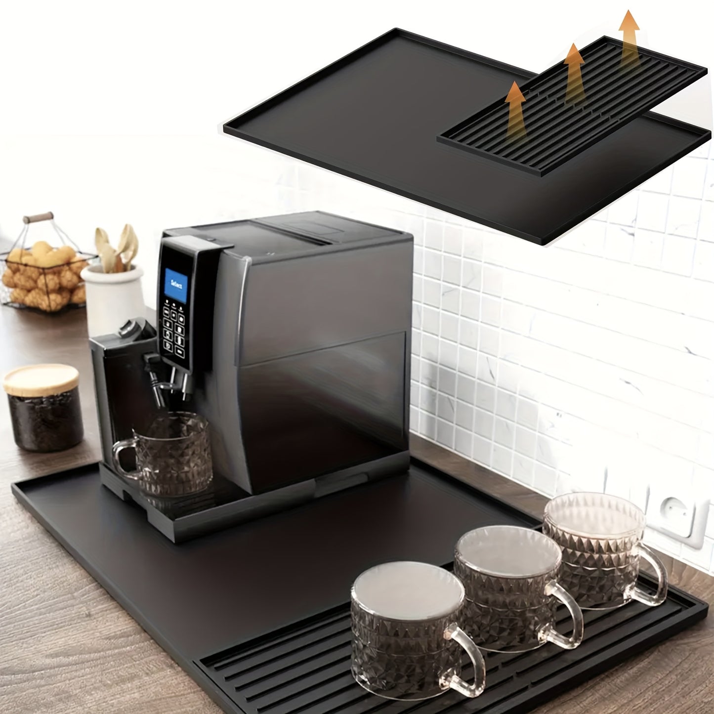 High-Quality Silicone Coffee Mat with Side Pad 2-In-1, a Protective Mat for Kitchen Countertops That Is Heat-Resistant, Durable, And Easy to Clean. It Serves As a Drying Mat for Kitchen Utensils, Suitable for Placement Under Espresso Machines