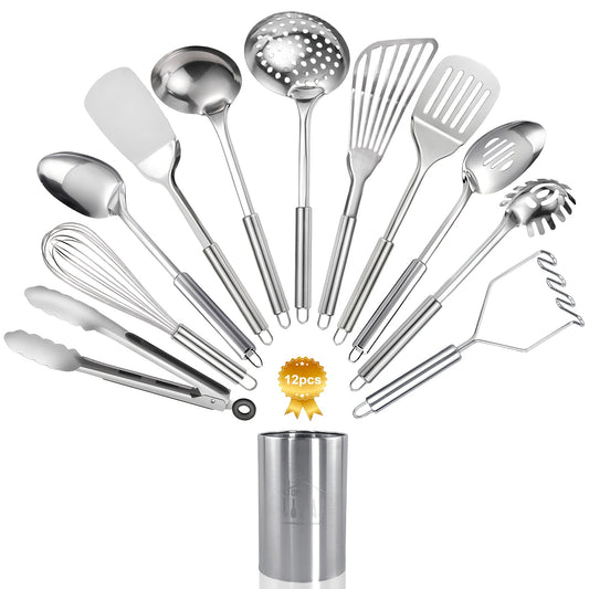 Stainless Steel Kitchen Utensils Set-12pcs, Cooking Utensils Set with Holder, Heat Resistant Metal Spatula Set Utensils Set for Cooking with Turners, Potato Masher, Skimmer, Spoons, Tongs, Whisk