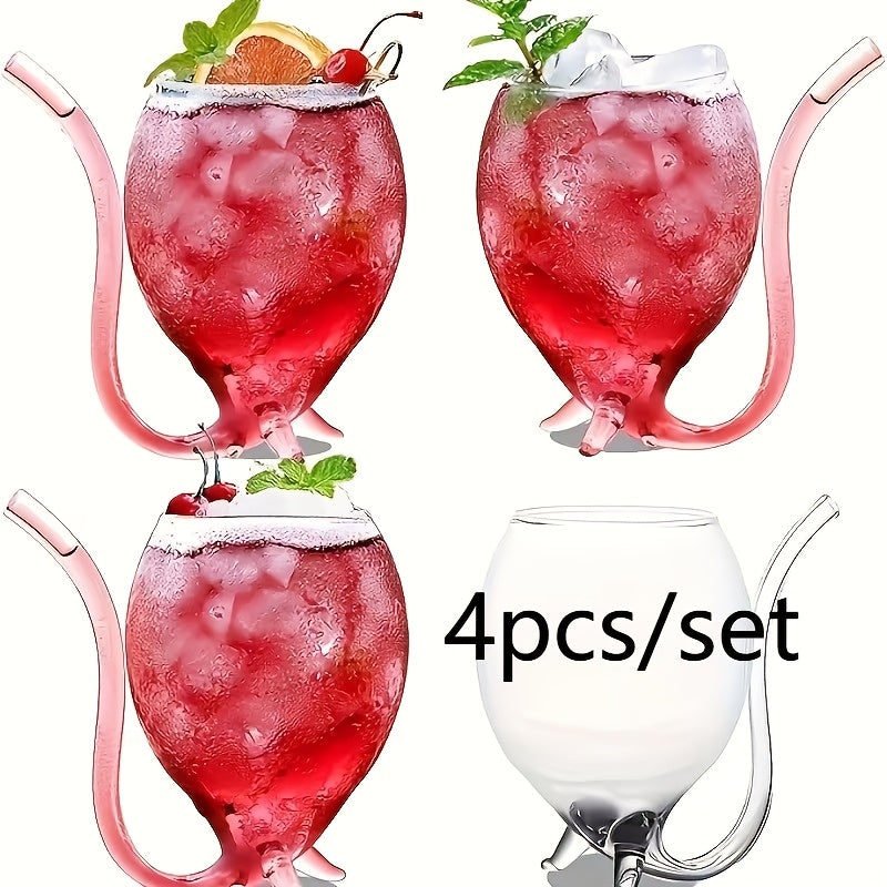 4pcs Set of Straw-Included Vampire Crane Tail Cocktail Glasses - 12oz Insulated Glass Decanter, Suitable for Cold Drinks, Champagne, Juice, Ice Cream - Halloween, Christmas Party Drinkware, Reusable and Hand Wash Only, Fun Design, Pirate-Themed