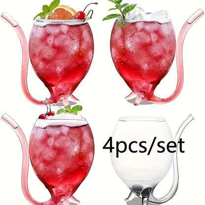 4pcs Set of Straw-Included Vampire Crane Tail Cocktail Glasses - 12oz Insulated Glass Decanter, Suitable for Cold Drinks, Champagne, Juice, Ice Cream - Halloween, Christmas Party Drinkware, Reusable and Hand Wash Only, Fun Design, Pirate-Themed