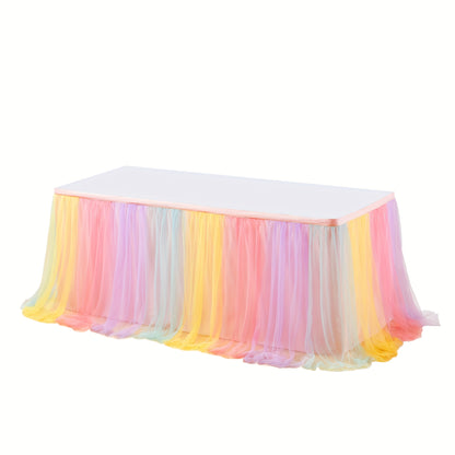 6Ft Pink Tulle Table Skirt Tablecloth, Pink Ruffle Tutu Table Skirts, for Rectangle Tables Or Round Tables Desk Skirt for Princess Girls Birthday Party Cake Dessert Table Decorations