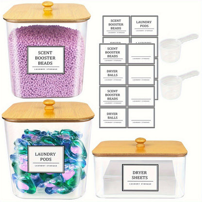 3+1 Pack Laundry Pods Container & Dryer Sheet Holder Set, Clear Laundry Room Organization Containers With Bamboo Lids And Labels, Laundry Pods Holder For Scent Booster, Powder, Pod