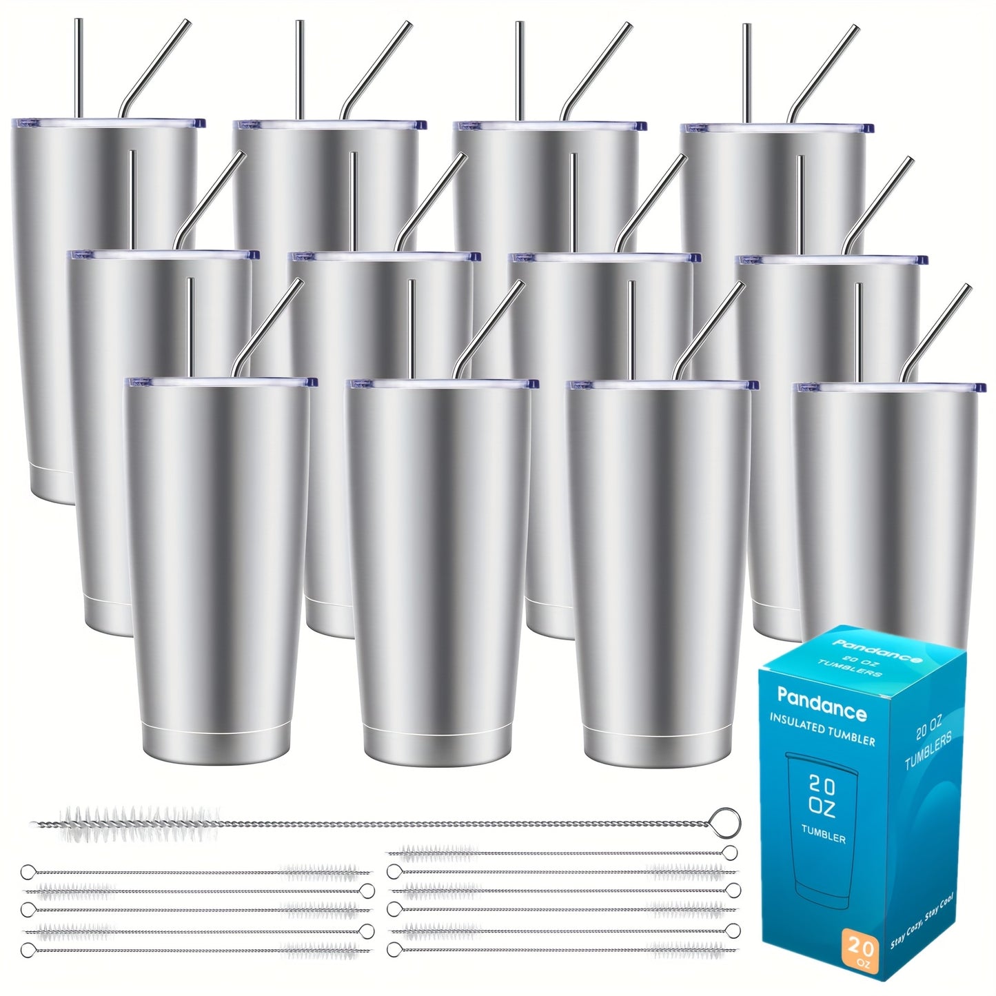 8/12/24pcs 20Oz 304 Stainless Steel Insulated Tumblers with Lid And Straw Bulk, Double Wall Vacuum Water Cups for Hot & Iced Coffee Drinks Travel Mug