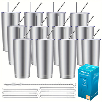 8/12/24pcs 20Oz 304 Stainless Steel Insulated Tumblers with Lid And Straw Bulk, Double Wall Vacuum Water Cups for Hot & Iced Coffee Drinks Travel Mug