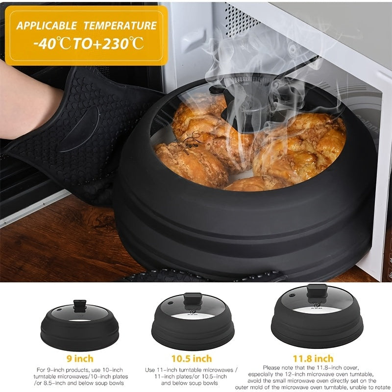 Collapsible Microwave Cover for Food, Designed to Prevent Splatters, Featuring a Silicone Handle. Available in Sizes 9, 10.8, And 11.8 Inches, And in Colors Black, Grey, Red, And Blue