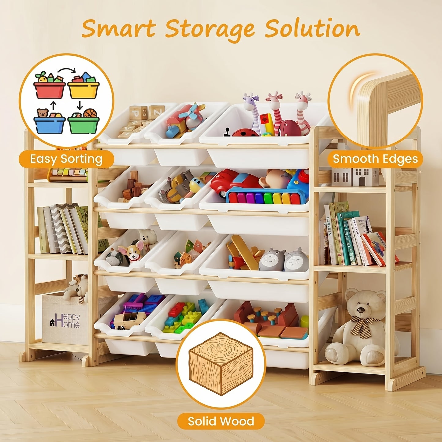 Large Capacity Kids Storage Organizer with 12 Bins, Wooden Shelf with Side Bookshelves, Playroom Furniture for, Books, And Stuffed Animals, Easy Assembly, Natural Wood End