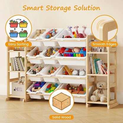 Large Capacity Kids Storage Organizer with 12 Bins, Wooden Shelf with Side Bookshelves, Playroom Furniture for, Books, And Stuffed Animals, Easy Assembly, Natural Wood End
