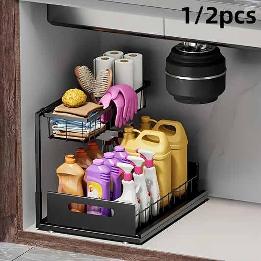 Under Sink Organizer Pull Out 2 Tier Slide Out Cabinet Shelf – Kitchen Bathroom Storage Rack Utility Organizer 1 or 2 Pack