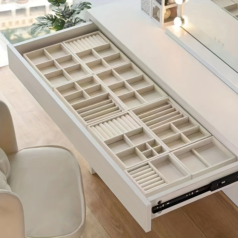 6pcs Set Stackable Jewelry Organizer Trays for Drawers, Rectangular Multi-Compartment Tabletop Storage, Jewelry Drawer Inserts Container Display Case Storage for Earrings Necklace Rings Bracelet with Removable Dividers, Jewelry Trays