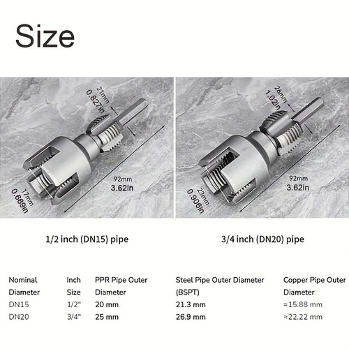 Pipe Thread Cutting Tool – High-Speed Steel Electric Drill Compatible PVC & Steel Pipe Threader, Inside & Outside Threading for 1/2" & 3/4" Pipes, Professional Plumbing & DIY Kit