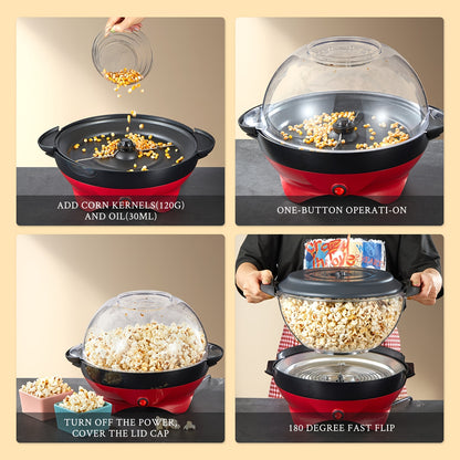 Popcorn Machine 800W Electric Stirring Popcorn Maker – 6-Quart Non-Stick Plate, Quick-Heat Technology, Cool-Touch Handles, 2-in-1 Lid & Bowl for Home Movie Night