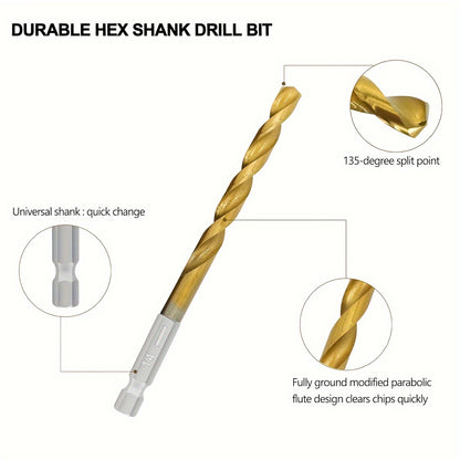 Titanium HSS Drill Bit Set 30PCS Hex Shank Quick Change 1/16 to 1/2 Inch for Metal Wood Plastic Hand Drilling Electric Screwdriver Drill Press Round Shank Twist Bits