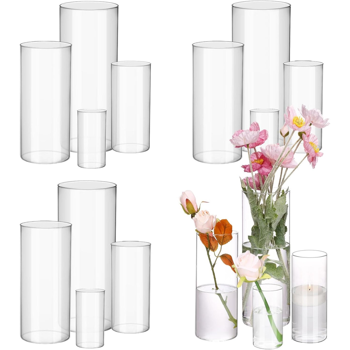 WHONLINE 16pcs Clear Glass Cylinder Vases, 4, 6, 8, 10 Inch Tall Cylinder Vases for Party Centerpieces, Hurricane Floating Candle Holder Vase for Table Shelf, Party, Collectible Buildings & Accessories，Wedding, Home Decor