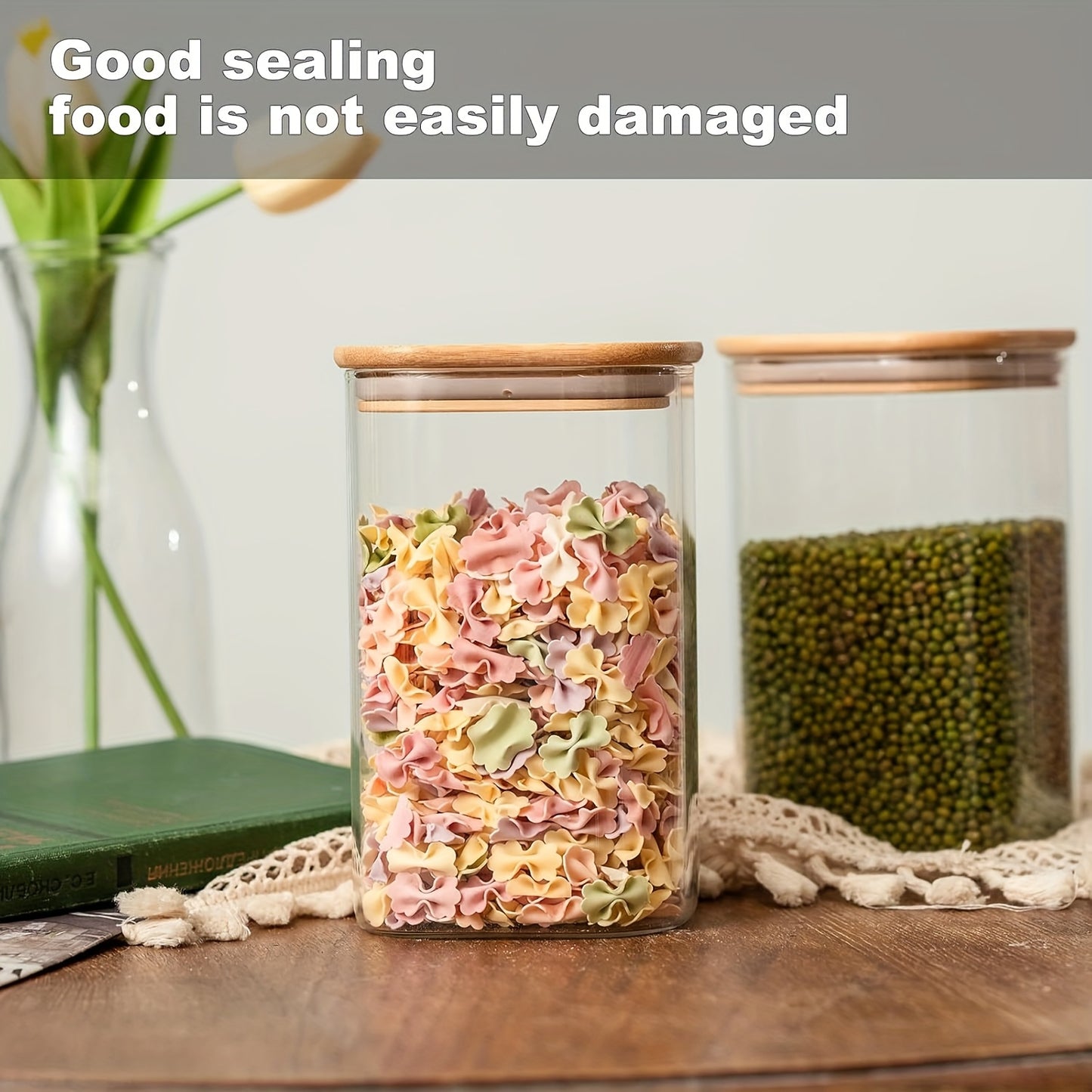 Glass Food Storage Jars 37oz 6pcs Set, Glass Storage Containers with Clear Glass Jars, Bamboo Lids, for Storing Tea, Coffee, Flour, Sugar, Candy, Cookies, Spices, Etc., Kitchen, Christmas, Halloween Candy (Square)