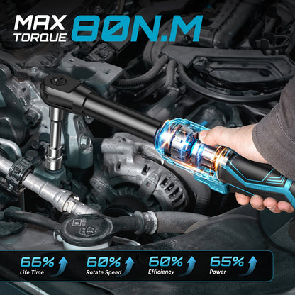 Seesii 21V Cordless Electric Ratchet Wrench Set, 59Ft-lbs 400RPM Power Ratchet Wrench 3/8", Variable Speed Trigger, 2x 2.0A Batteries & Charger, 8 Sockets, 3" Extension Bar, 1/4" And 1/2" Adapter