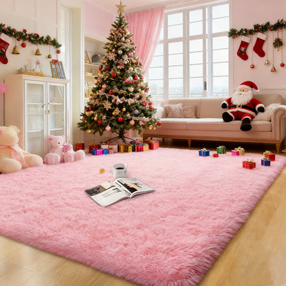 1pc Pink Soft Shaggy Living Room Area Rug with Carpet Stickers for Bedroom, Living Room, Dormitory, Hotel, Home Decor Aesthetics, Upgraded Non-Slip, Thickened, Fluffy, Moisture Resistant, Easy to Clean, Father's Day Graduation And Wedding