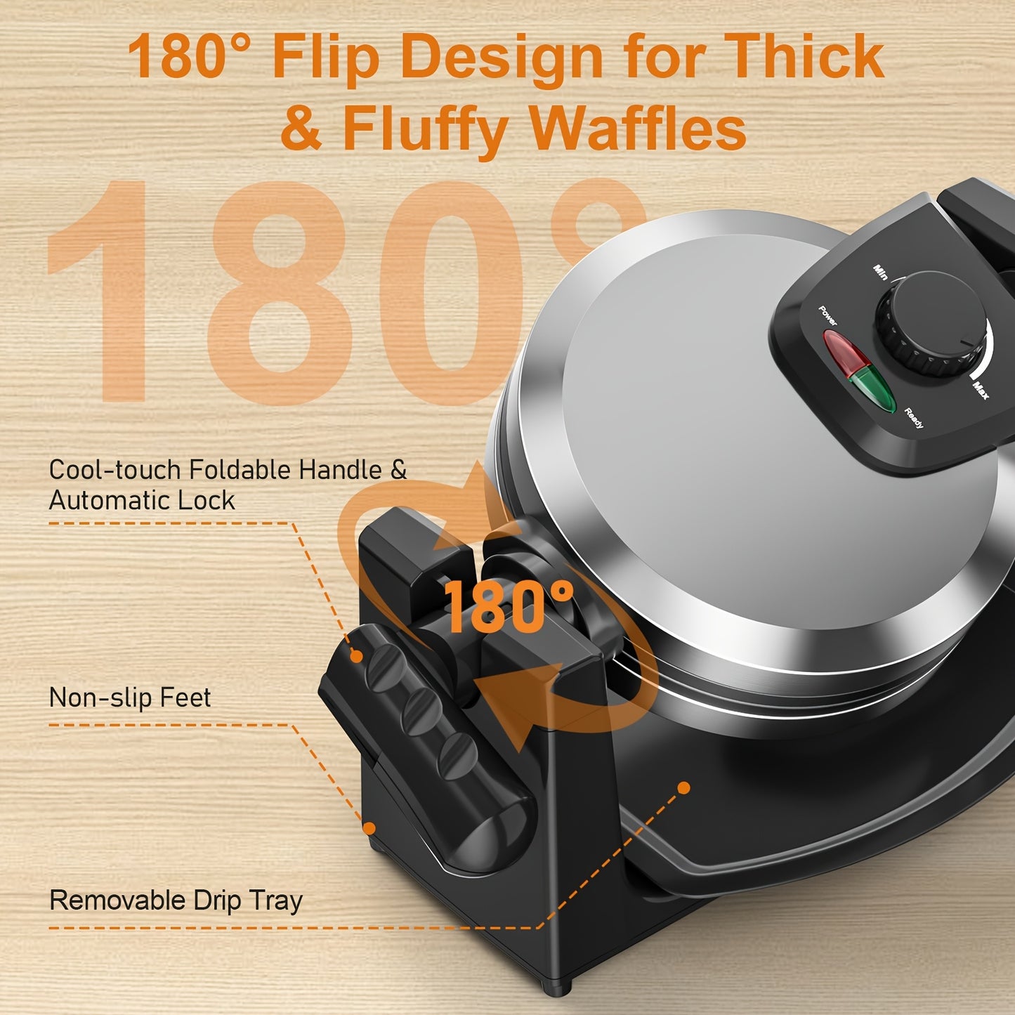 Waffle Maker, Rotating Belgian Waffle Maker, 180° Flip Waffle Iron, Non-Stick Plate, Adjustable Browning Control, Foldable Cool Touch Handle, Removable Drip Tray, Stainless Steel, Space Saving Storage