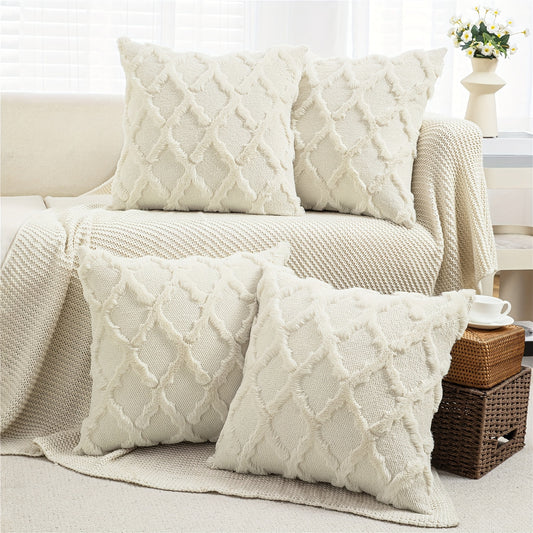 Decorative Pillow Covers 18x18 Set of 4 Boho Soft Plush Faux Wool Throw Pillow Cases with Zipper for Sofa Couch Bedroom Living Room - Luxury Cushion Covers