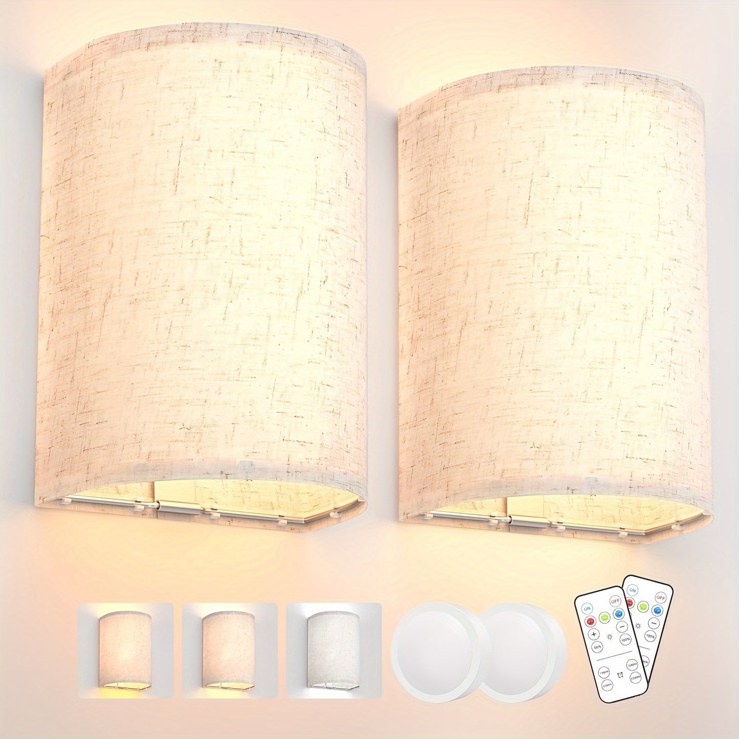 Wall Sconces Set of Two, Rechargeable 3 White/ RGB Color Changeable Dimmable Wall Lights Fixtures with Remote Control Magnet Mounting Fabric Lamp Sconces for Bedroom Living Room Hallway