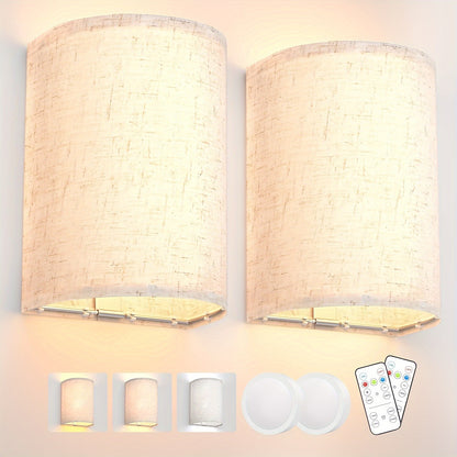 Wall Sconces Set of Two, Rechargeable 3 White/ RGB Color Changeable Dimmable Wall Lights Fixtures with Remote Control Magnet Mounting Fabric Lamp Sconces for Bedroom Living Room Hallway