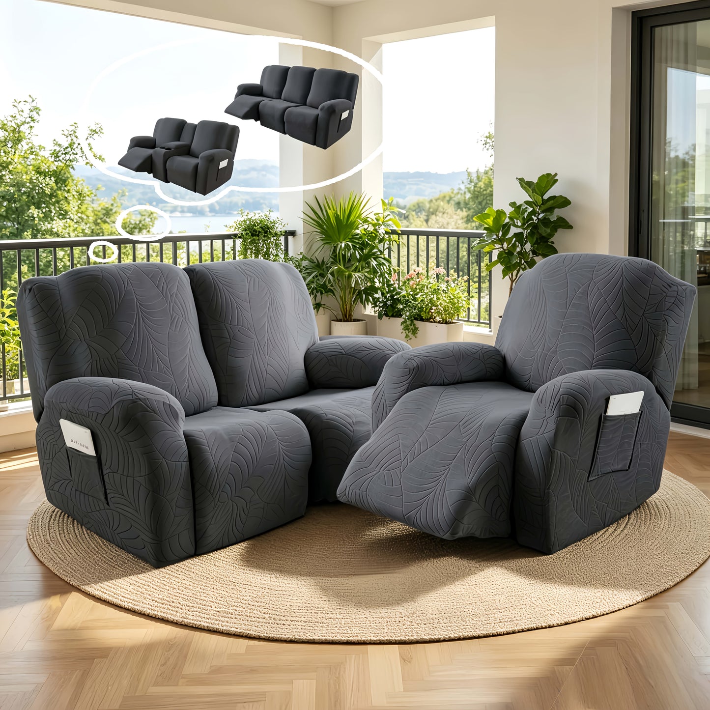 1/2/3/ Seat Plus Center Control Recliner Sofa Cover, Winter Insulation, Furniture Decoration, High Stretch Big Leaves Jacquard Sofa Recliner Cover, Soft And Washable, Loveseat Recliner Cover with Console, Home Decoration, Mother'S Day Gifts