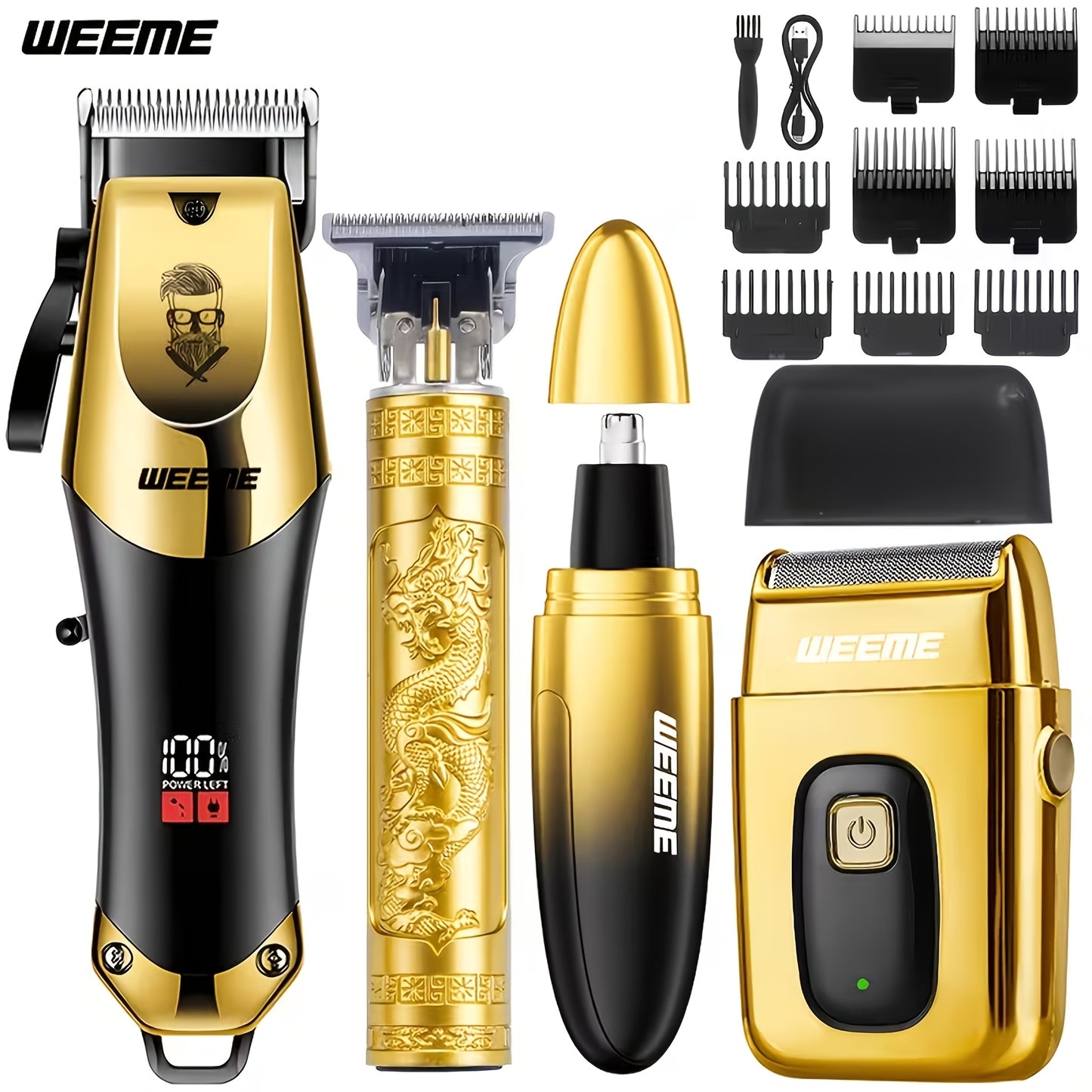 WEEME 4pcs/1pc Golden Men'S Grooming Kit - Professional USB Hair Clipper Set With Nose Trimmer, Electric Shaver, Detail Trimmer, Ideal Father'S Day Gift, Supports USB Charging, Includes 8Limit Combs, Perfect For Halloween Day And Christmas Gifts