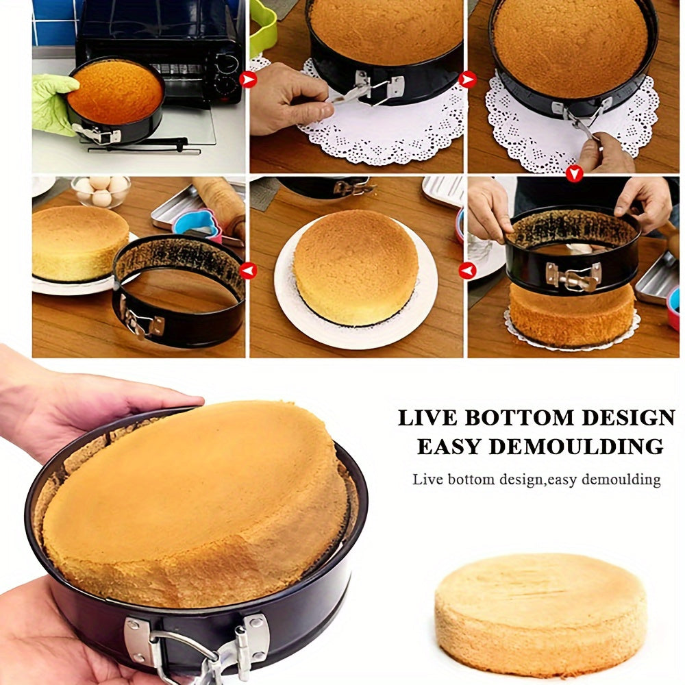 3pcs Non-Stick Durable Cake Pan Set with Removable Bottom Cake Mold Carbon Steel Round Heart-Shaped Pan Easy Release Kitchen Spring Pan Set, Black