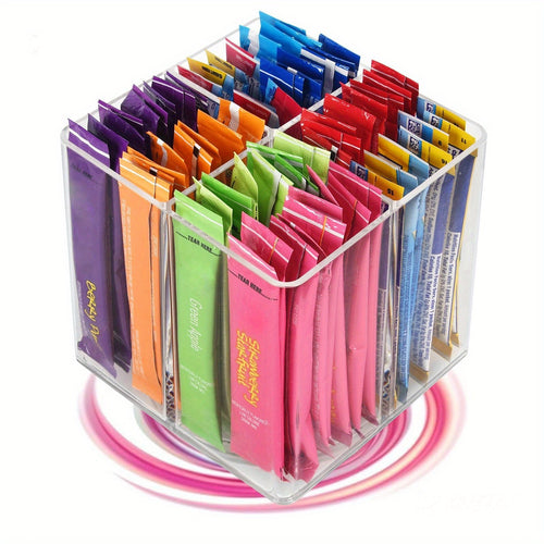 Square Rotating Storage Rack for Powdered Beverage Mixes/ Water Flavored Pouches/ Beverage Mixing Accessories Organizer