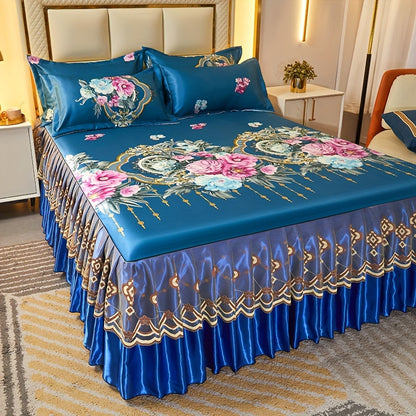 3pcs Double Layer Ruffle Bed Skirt Style Cool Mat Three Piece Set with Pillowcase Washable High Weight 360° Full Wrap