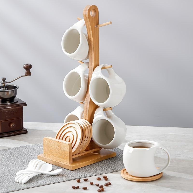6pcs Ceramic Coffee Cup Set with Wooden Coasters and Cup Holder, Suitable for Lattes, Cappuccinos, Espresso Mugs, and Teacups - a Perfect Choice for Home, Office, or Café Use, Ideal as a Holiday Gift or Birthday Present, 200ml/6.8oz