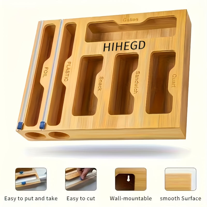 1pc Bamboo Sealer Bag Organizer Box - Fresh-Keeping, Space-Saving, Adjustable Storage For Kitchen Drawer - Compatible With Gallon, Quart, Sandwich, Snack Variety Size Bags, Easy To Clean, Durable, Kitchen Accessories