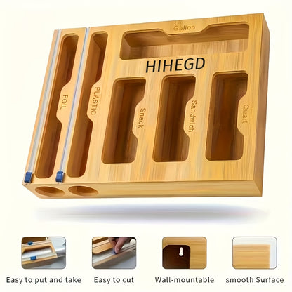 1pc Bamboo Sealer Bag Organizer Box - Fresh-Keeping, Space-Saving, Adjustable Storage For Kitchen Drawer - Compatible With Gallon, Quart, Sandwich, Snack Variety Size Bags, Easy To Clean, Durable, Kitchen Accessories