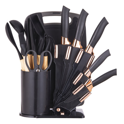 19pcs Kitchen Knife And Utensil Set, Non-Stick Black Knife Set with Wooden Handles, Silicone Cooking Tools, Cutting Board, Scissors And Holder, Best Gift for Parents