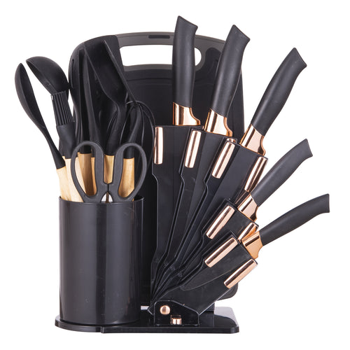 19pcs Kitchen Knife And Utensil Set, Non-Stick Black Knife Set with Wooden Handles, Silicone Cooking Tools, Cutting Board, Scissors And Holder, Best Gift for Parents