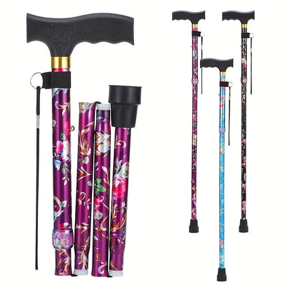 Foldable Printed Cane, Blue Red Black Printed Cane, 5-Level Height Adjustable Stick with Wrist Strap and T-Shaped Handle, Folding Cane with Strap, Portable Adjustable Lightweight Independent Stick with Packaging Box, Gift for Father and Mother