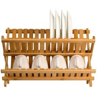 Bamboo Dish Drying Rack 2 Tier – Collapsible Wooden Dish Drainer with 14 Plate Slots, Compact Kitchen Counter Organizer for Dishes, Cups, Knives & Cutting Boards