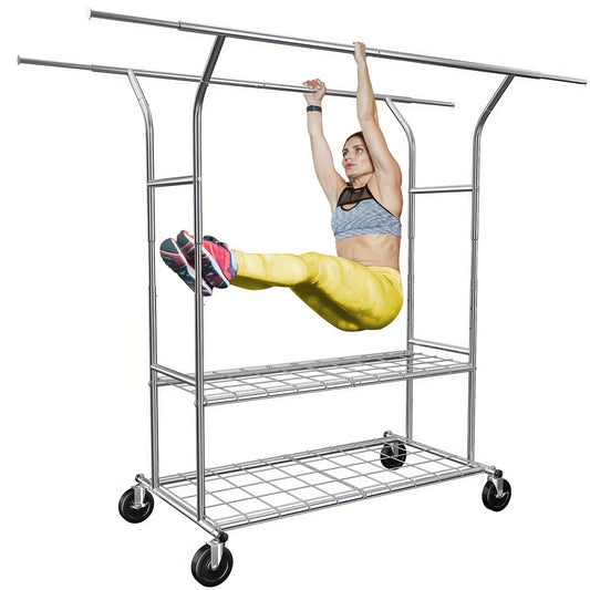 Heavy-Duty Rolling Clothes Rack with Wheels - Adjustable, Portable Garment Stand for Hanging Clothes, 630lbs Capacity, Silver Metal, Freestanding Design