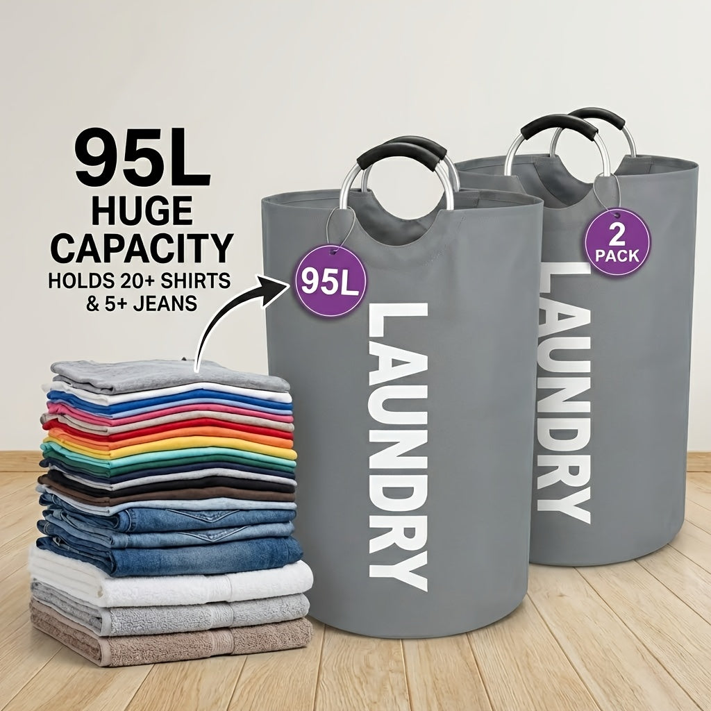 2pcs 95L/25.1 Gallon Extra-Large Foldable Laundry Basket Set | Thickened Waterproof Oxford Cloth Tall Freestanding Storage Baskets, Perfect for Bedroom/Bathroom/Dorm/Wardrobe Organization, Ideal Home Decor & Holiday Gift, Shelf Baskets