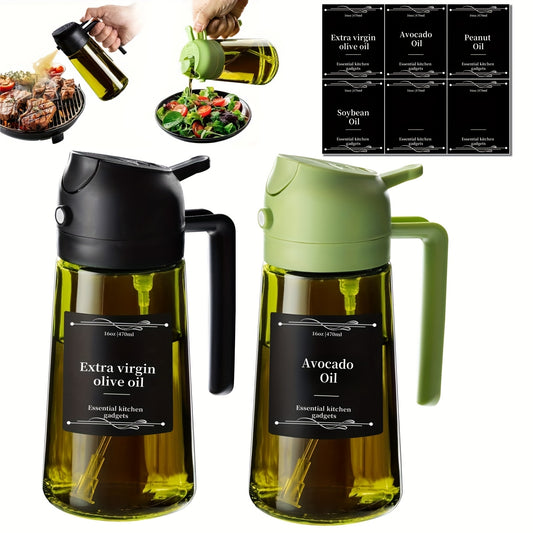 2pcs Kitchen Glass Olive Oil Dispenser Bottle, 2-In-1 Oil Bottle And Cooking Sprayer, 16Oz Premium Dark Green Glass Oil Bottle, Oil Sprayer for Cooking, Oil Dispenser for Kitchen with 6pcs Stickers, The Perfect Cooking Gadget for BBQ, Rvs, And Salad