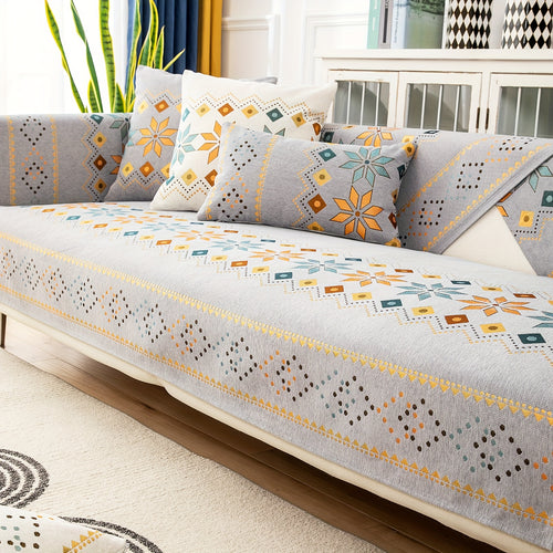 One Bohemian-style chenille sofa cover, suitable for pet-friendly families. Non-slip plush sofa cover with embroidered details. Fits two/three/four-seater sofas or single sofas, including backrests and armrests. Machine washable, soft sofa cover