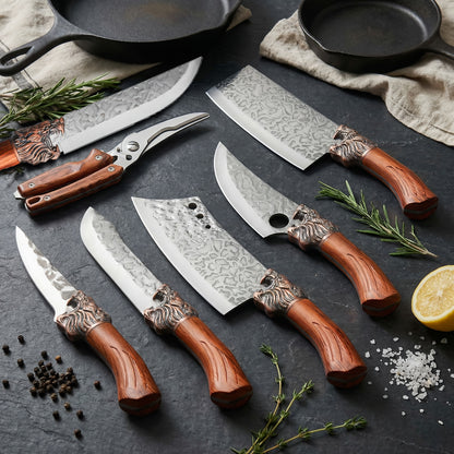 Professional Kitchen Knife Set, Forged Blades, Chef'S Knife, Meat Knife, Carving Knife, Cleaver, Full Tang Design, Includes Poultry Shears, Birthday And Gift for Women